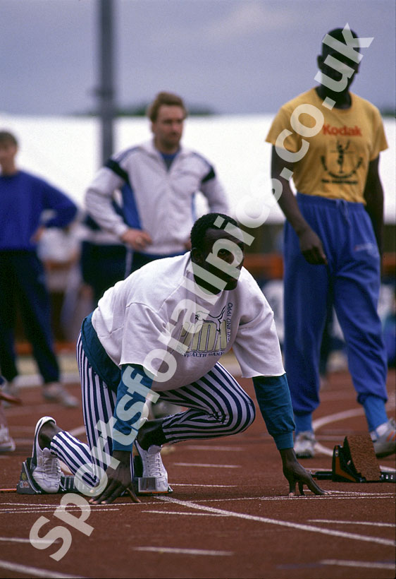 Linford Christie wearing one of his many outfits at the UK Champs, Cardiff, 1990
